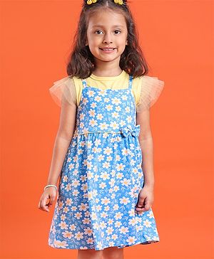 Babyhug 100% Cotton Knit Frock With Half Sleeves Inner Tee Floral Print- Yellow & Blue