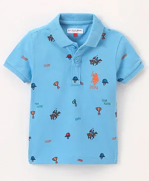 US Polo Assn Cotton Knit Half Sleeves T-Shirt Polo Game Print & Logo Embroidery - Blue