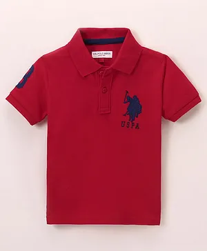 US Polo Assn Cotton Knit Half Sleeves T-Shirt Logo & Number Embroidery - Red