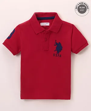 US Polo Assn Cotton Knit Half Sleeves T-Shirt Logo & Number Embroidery - Red