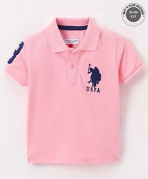 US Polo Assn Cotton Knit Half Sleeves T-Shirt Logo & Number Embroidery - Pink