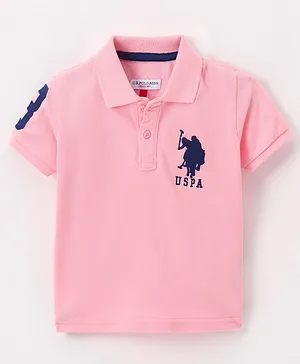 US Polo Assn Cotton Knit Half Sleeves T-Shirt Logo & Number Embroidery - Pink
