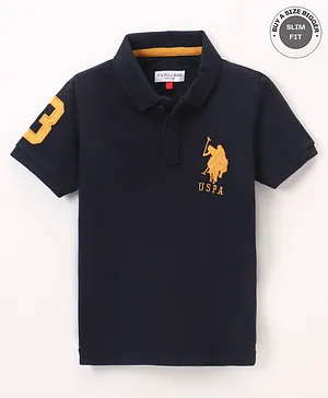 US Polo Assn Cotton Knit Half Sleeves T-Shirt Logo & Number Embroidery - Navy Blue