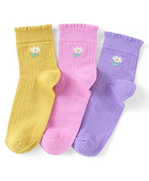 Pine Kids Ankle Length Solid Colour Socks Pack Of 3 - Yellow Purple & Pink