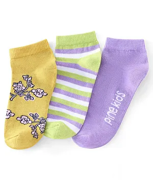 Pine Kids Ankle Length Printed Socks Floral Print Pack Of 3 - Yellow Green & Purple