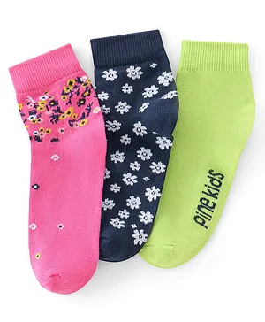 Pine Kids Ankle Length Printed Socks Floral Print Pack Of 3 - Pink Black & Green