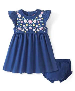 Babyhug 100% Cotton Frill Short Sleeves Floral Print Knit Frock With Bloomer - Navy Blue