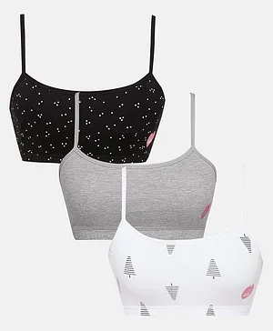 SillySally Pack Of 3 Non Wired & Non Padded Polka dot & Tree Printed Sports Bra - Grey Black & White