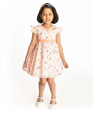 Campana 100% Cotton Cap Sleeves Lurex Striped & Flower Printed Crossover Style Fit & Flare Dress - Pink