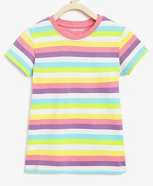 Campana 100% Cotton Half Sleeves Candy Rugby Striped Ringer Tee - Multi Colour & Pink