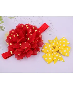 Little Miss Cuttie Set Of 2 Polka Dot Printed Flower & Bow Detailed Chiffon Headband & Hair Clip - Red & Yellow
