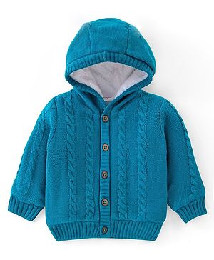 Babyhug Knit Full Sleeves Front Open Hooded Sweater with Cable Knit Design - Blue
