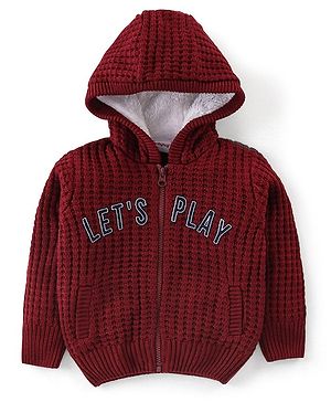 Babyhug Knit Full Sleeves Front Open Hooded Sweater with Cable Knit Design - Maroon