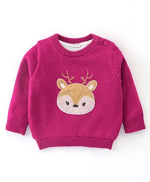 Babyhug 100% Acrylic Knit Full Sleeves Sweater With Deer Embroidery - Fushia