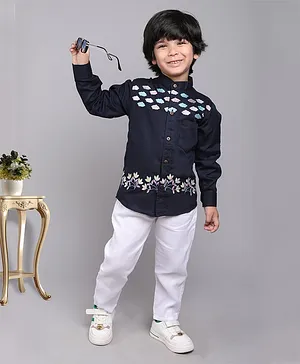 BAATCHEET Full Sleeves Clouds & Leaf Swirl Embroidered Shirt With Pant - Navy Blue