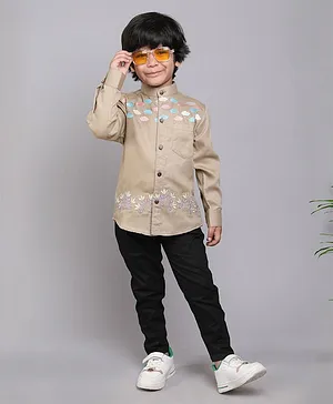 BAATCHEET Full Sleeves Clouds & Leaf Swirl Embroidered Shirt With Pant - Khaki Brown
