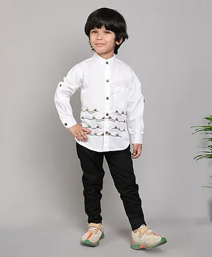 BAATCHEET Full Sleeves Boats & Sea Waves Embroidered Shirt With Pant - White