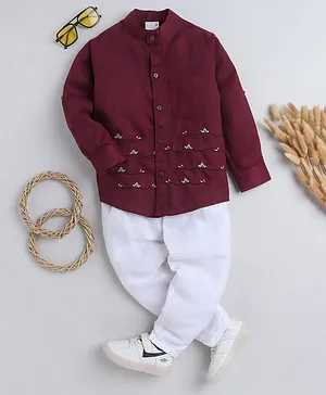 BAATCHEET Full Sleeves Boats & Sea Waves Embroidered Shirt With Pant - Maroon