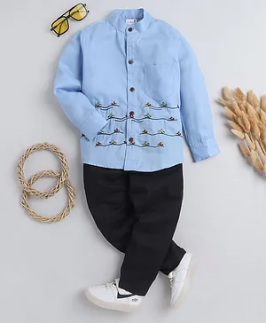 BAATCHEET Full Sleeves Boats & Sea Waves Embroidered Shirt With Pant - Blue