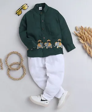 BAATCHEET Full Sleeves Elephant With Carrier Motif Embroidered Shirt With Pant - Bottle Green