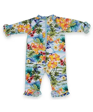 LisSoft Raglan Full Sleeves Seamless Hawaiian Theme Floral Printed Legged Swimsuit - Multi Colour