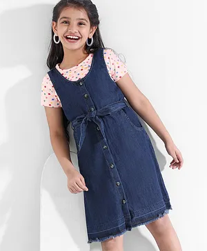 Hola Bonita Woven Sleeveless Denim Knee Length Dress with Inner Tee Stars Print - Navy Blue