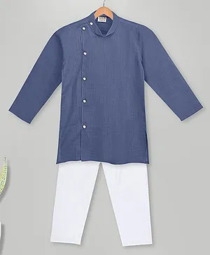 MIMISKU Full Sleeves Side Button Detail Solid Kurta Pajama Set  - Navy Blue