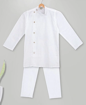 MIMISKU Full Sleeves Side Button Detail Solid Kurta Pajama Set  - White