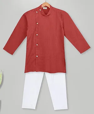MIMISKU Full Sleeves Side Button Detail Solid Kurta Pajama Set  - Red