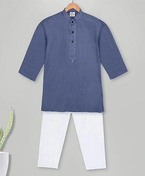 MIMISKU Full Sleeves Placement Embroidered Kurta Pajama Set  - Navy Blue