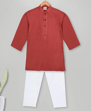 MIMISKU Full Sleeves Placement Embroidered Kurta Pajama Set  - Red