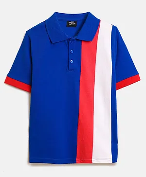 Whistle & Hops Half Sleeves Vertical Panelled Placement Striped Polo Tee - Blue