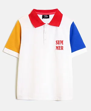 Whistle & Hops Half Sleeves Summer Text Embroidered Colour Blocked  Polo Tee - White