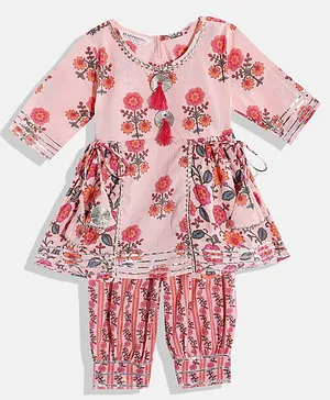 Readiprint Fashions Three Fourth Sleeves Flower Motif Printed Frock Style Kurta With Coordinating Gota Lace Embellished Striped Pattern Floral Swirl Printed Salwar - Peach