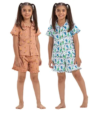 Growing Tree Half Sleeves Bonfire & Guitar Printed Night Suit - Brown White