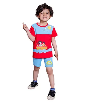 Nino Togs Half Sleeves Pirates Theme Printed Tee With Shorts - Red Blue