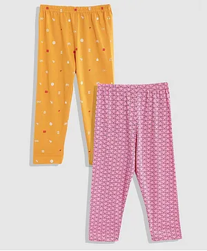 Femea Pack Of 2 Star & Hearts Printed Ankle Length Leggings - Yellow & Pink
