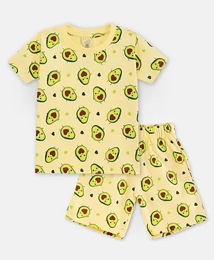 Cuddles for Cubs  100% Super Soft Half Sleeves Avocado Printed Tee And Shorts Set - Yellow
