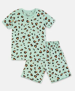Cuddles for Cubs   100% Super Soft Cotton Half Sleeves Leopard Printed  Tee And Shorts Set - Mint Green