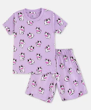 Cuddles for Cubs  100% Super Soft Cotton Half Sleeves Cow Printed Tee And Shorts Set - Lilac