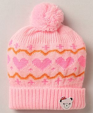 Babyhug Woollen Cap with Heart & Bear Design Pink - Diameter 9 cm