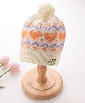 Babyhug Woollen Cap with Heart & Bear Design Beige - Diameter 9 cm