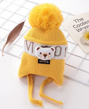 Babyhug Pom Pom Acrylic Woollen Cap Puppy Design - Yellow