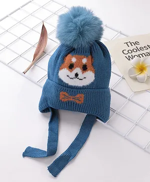 Babyhug Acrylic Woollen Cap Fox Design Blue - Diameter 10.5 cm
