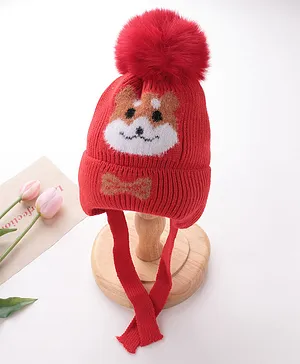 Babyhug Acrylic Woollen Cap Fox Design Red - Diameter 10 cm