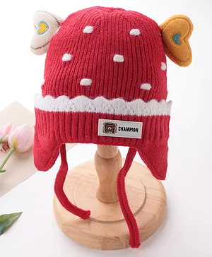 Babyhug Woollen Cap With Heart Applique - Red