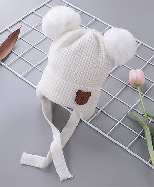 Babyhug Pom Pom Woollen Cap Teddy Design - White