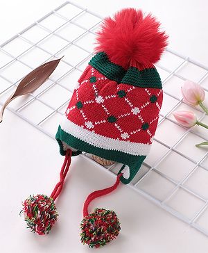 Babyhug Pom Pom Woolen Cap Argyle Design - Red