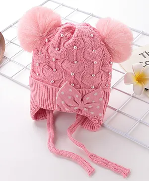 Babyhug Woollen Cap With Bow & Pompom - Pink