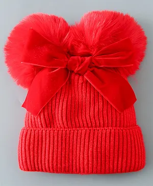 Babyhug Pom Pom Acrylic Woolen Cap Bow Design - Red